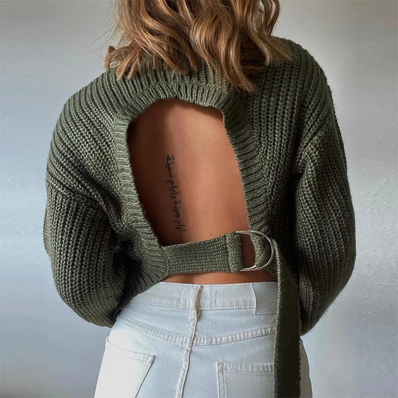 

New Spring Autumn Women Long Sleeve Sweater Fashion Hollow Out O Neck Soild Female Sexy Silm Kintted Backless Short Tops