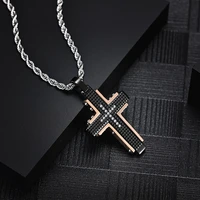 european and american new mens titanium steel lattice diamond inlaid two color cross pendant boys necklace