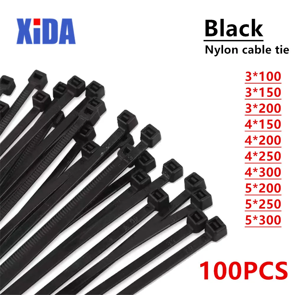Самоблокирующиеся пластиковые нейлоновые кабельные стяжки 100 шт. черные