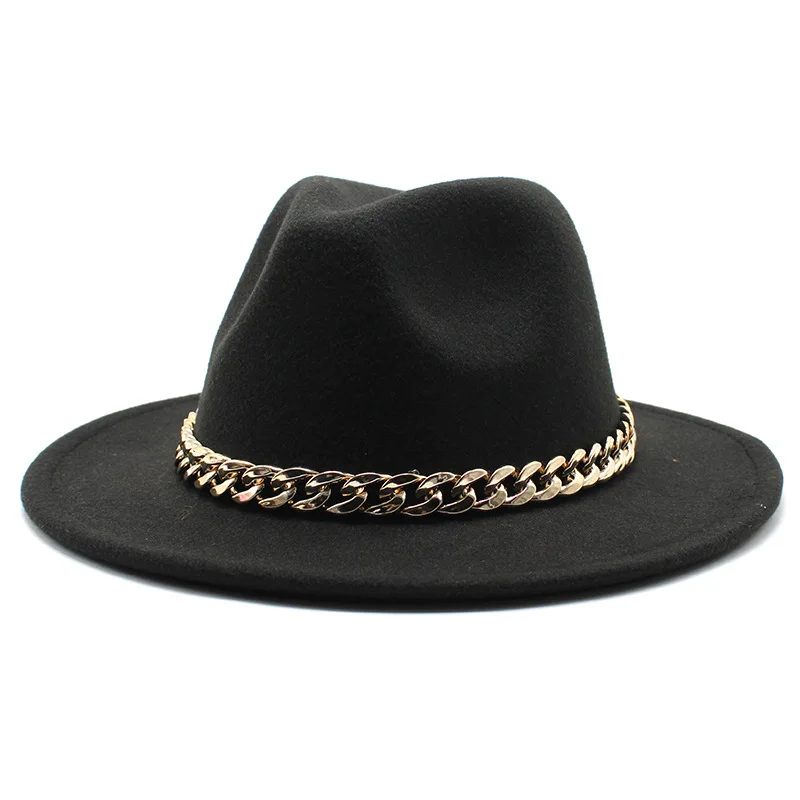 

European American Big Chain Fedoras Fuax Woolen Brim Felt Cap Jazz Men Women Hat