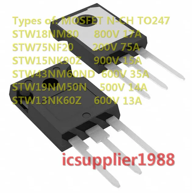 

STW18NM80 STW75NF20 STW15NK90Z STW43NM60ND STW19NM50N STW13NK60Z MOSFET, с функцией «от» до-247