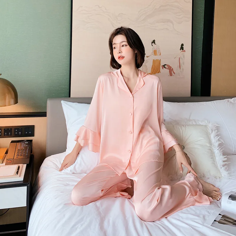 Spring New Ice Silk Pajamas Set Women's Solid Color Lapel Nightwear Long Sleeve Trousers Sleepwear Thin Home Clothes Lounge Wear