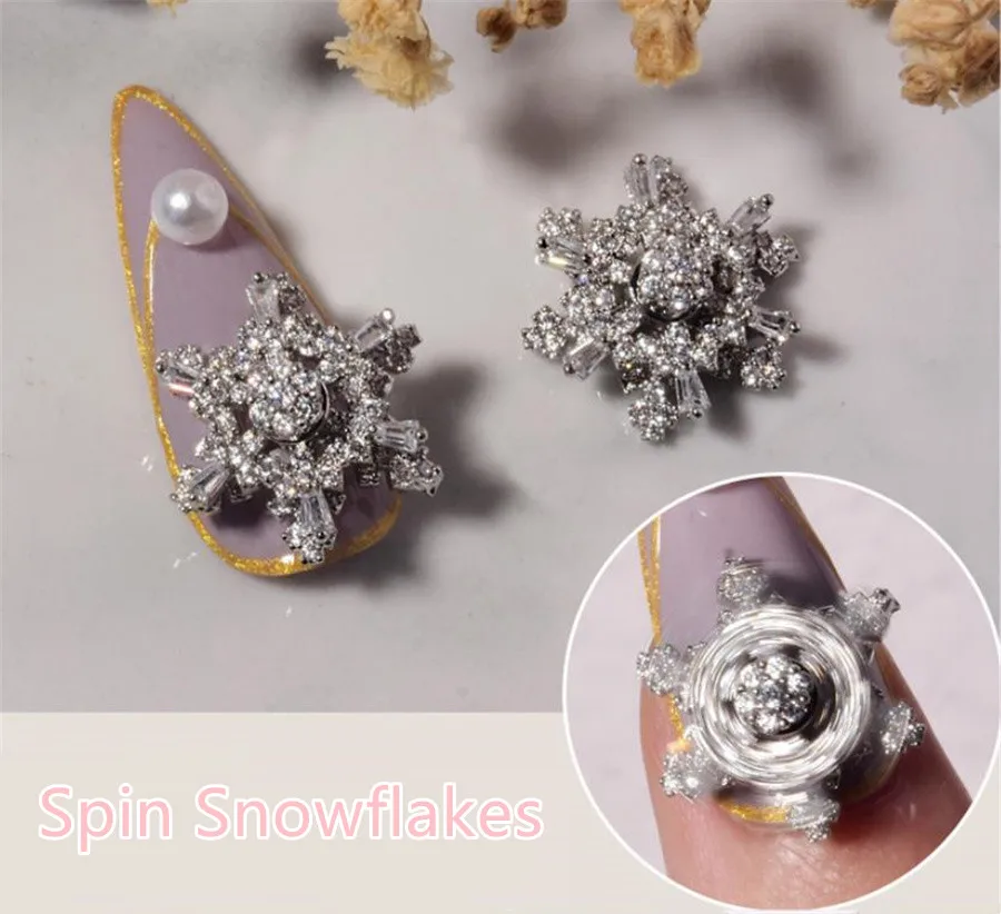

1pcs Spin Rotating Snowflakes Zircon Rhinestones For 3D Nail Art Decorations Rotational Nail Glitter Charm Spinning Stone