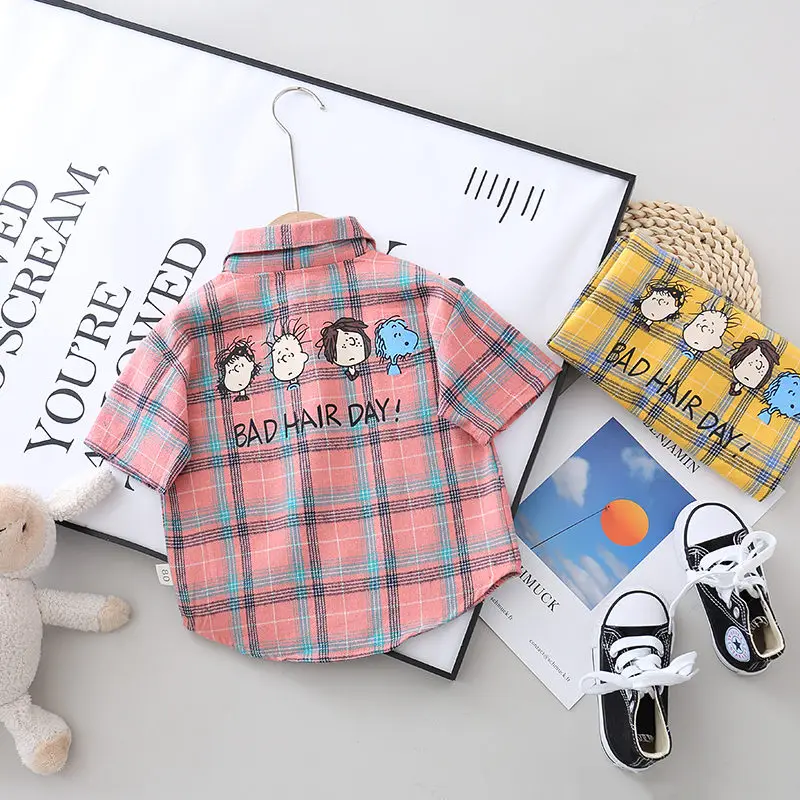 Детская рубашка в клетку с коротким рукавом и карманами|Рубашки| |