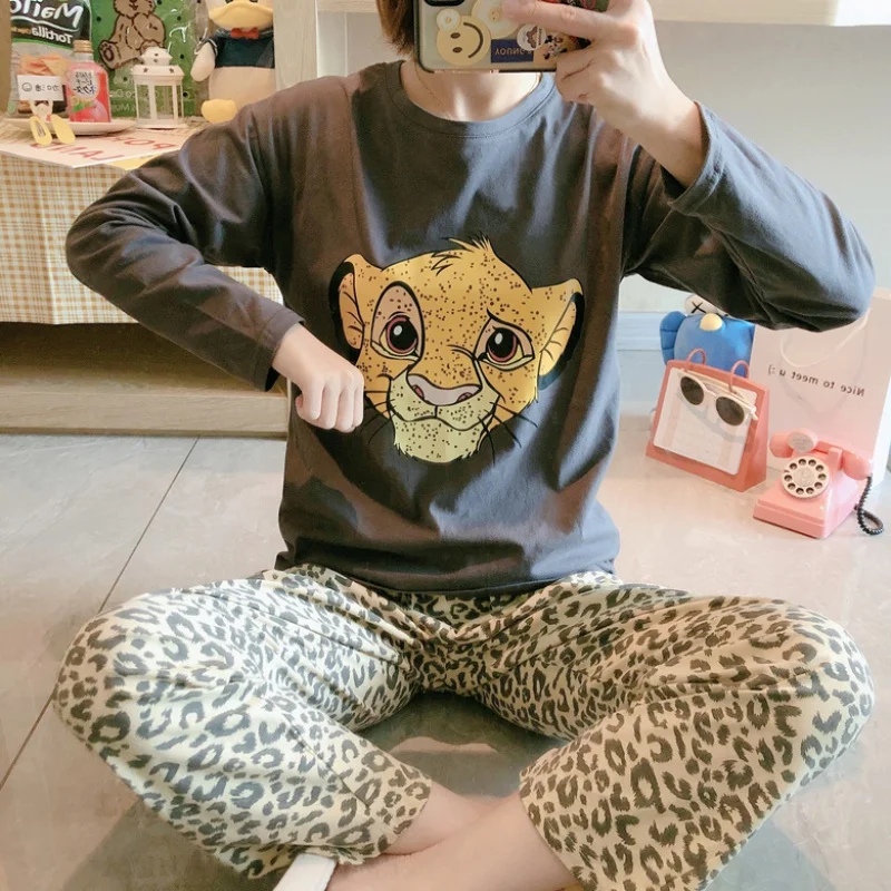 Disney Women Leopard The Lion King Sleepwear 2PCS Shirt Pants Pajamas Set Print Simba Nightwear Cartoon Pyjamas Casual Homewear