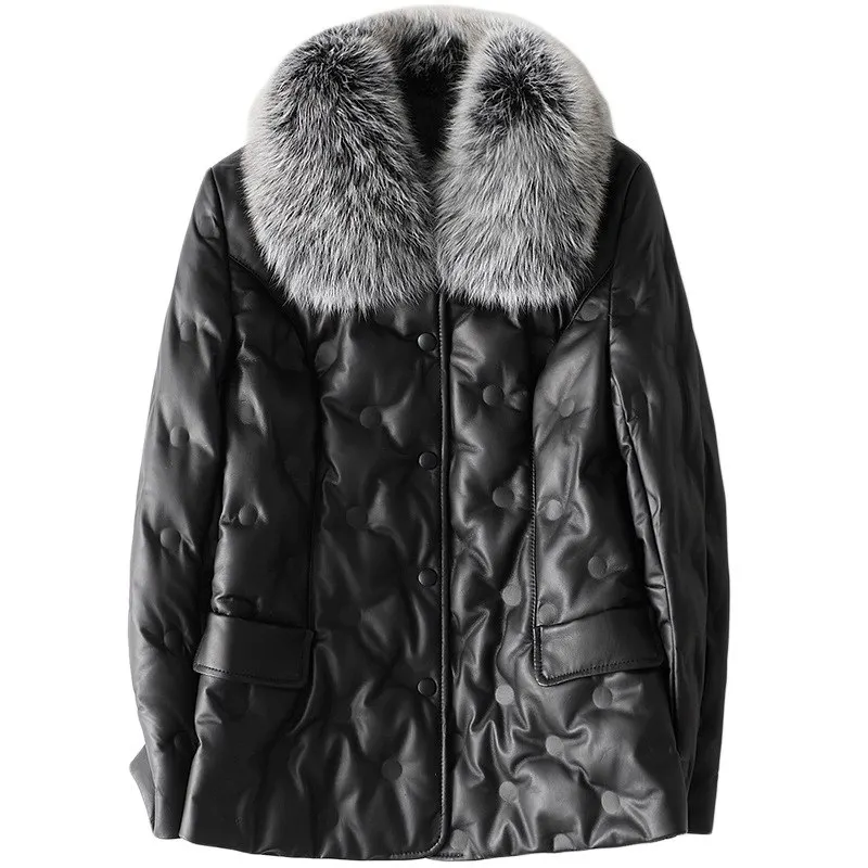 

Genuine Sheepskin Leather Suede Jacket Duck Down Lingning Fox Fur Collar Winter Women Coat Suit LF21053HH