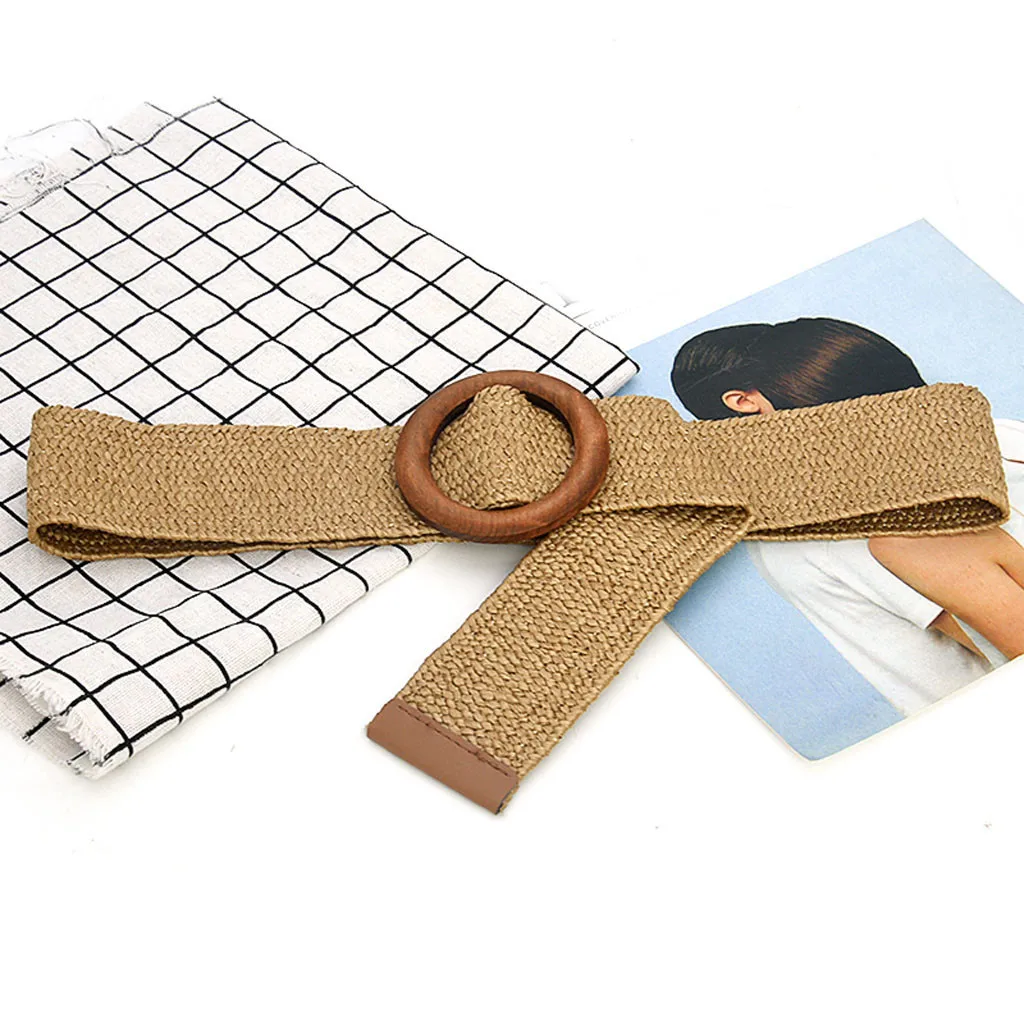 

Vintage Weave Waist Belt Round Wooden Smooth Belt Buckle Fake Straw Wide Casual Stretch Belt Adjustable Unsexi Simple Gift