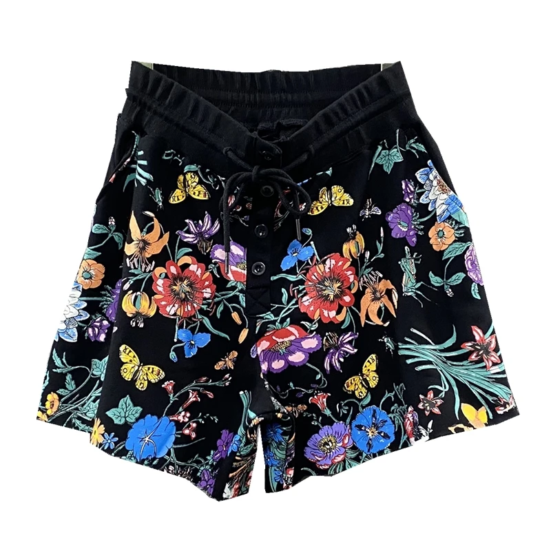 

Black Cropped Trousers Women's Summer Wear 2021 New Personalized Printed Casual Sweatpants Elastic Waist Wide Leg Shorts