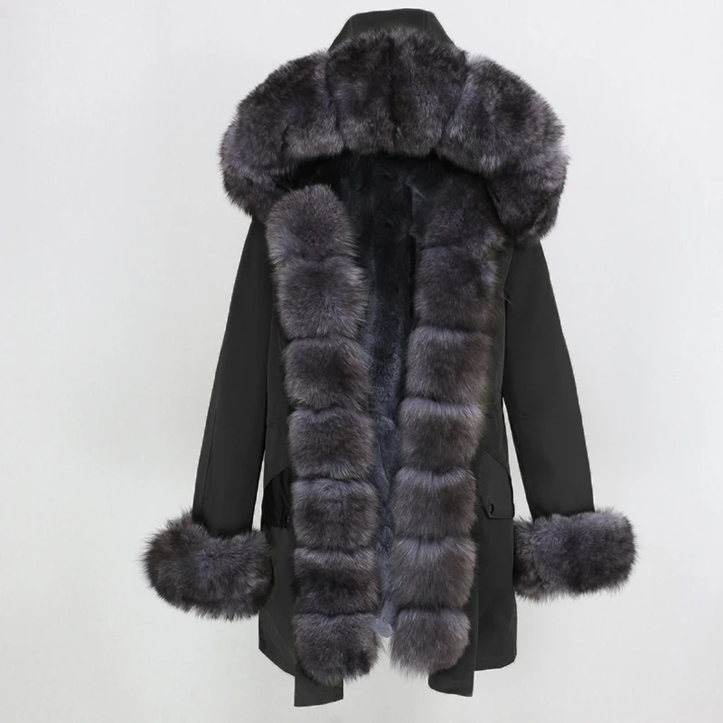 black dark grey OFTBUY, водонепроницаемая длинная парка, зимняя куртка, для женщин, натуральный мех, пальто, натуральный Лисий мех, воротник, капюшон, толстая, теплая, уличная, съемная, Новинка - Цвет: black dark grey