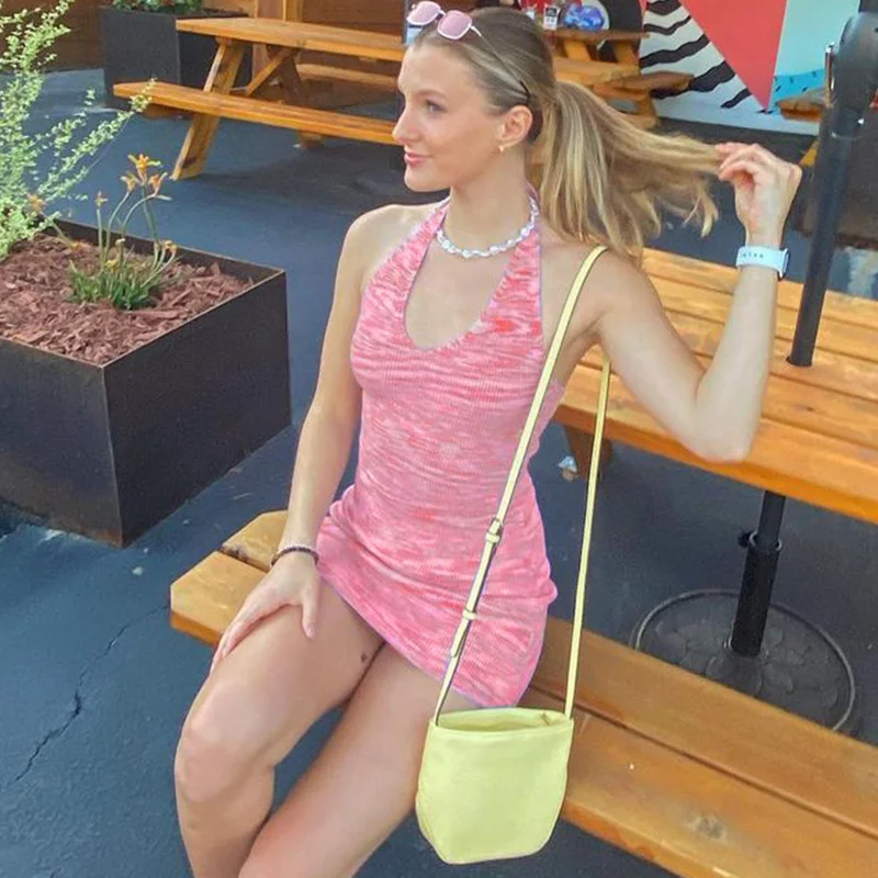 

Striped Backless Bodycon Tank Knitted Dress Sleeveless V-Neck Pink Mini Dresses Dress Women Summer Party Y2k Dress Streetwear