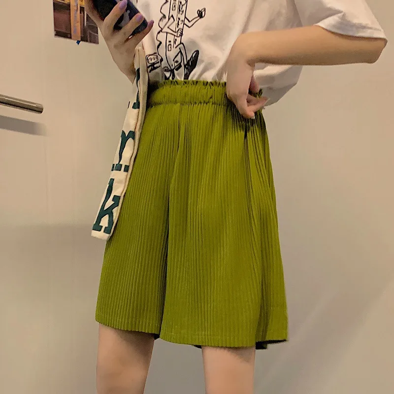 

2021 Summer New Solid Shorts Fashion Elasticity Pleated Loose Style Short Pants Wide Leg Sweatpants High Waist Shorts