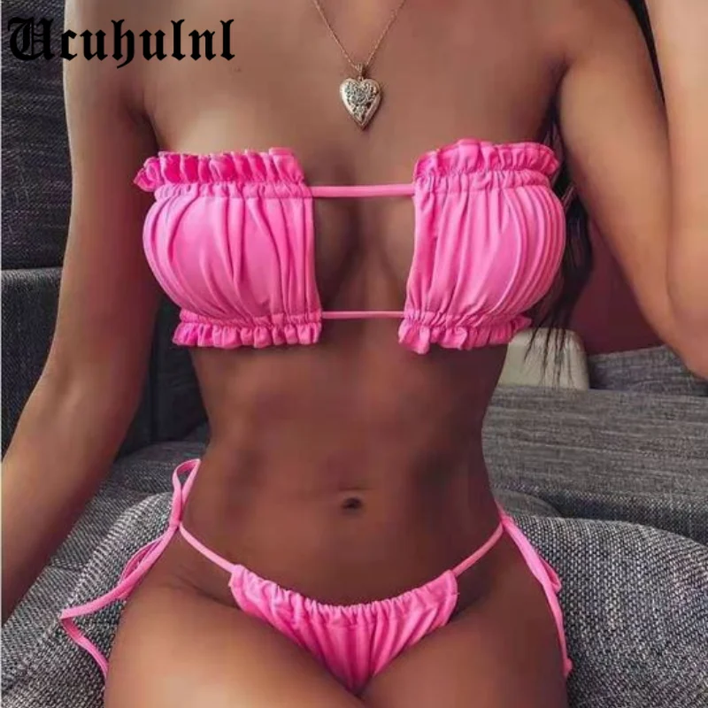 

2021 NEW Women Sexy 2pcs Bikini Set Ruched Strapless Hollow Out Bandeau Swimsuit Side Tie Low Waist Solid Color Bathing Suit