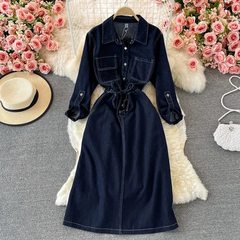 

Denim Dress Vintage Women Turn Down Collar Three Quarter Sleeve Single Breasted Pockets Lace-up Sash A-line Midi Jeans Dress