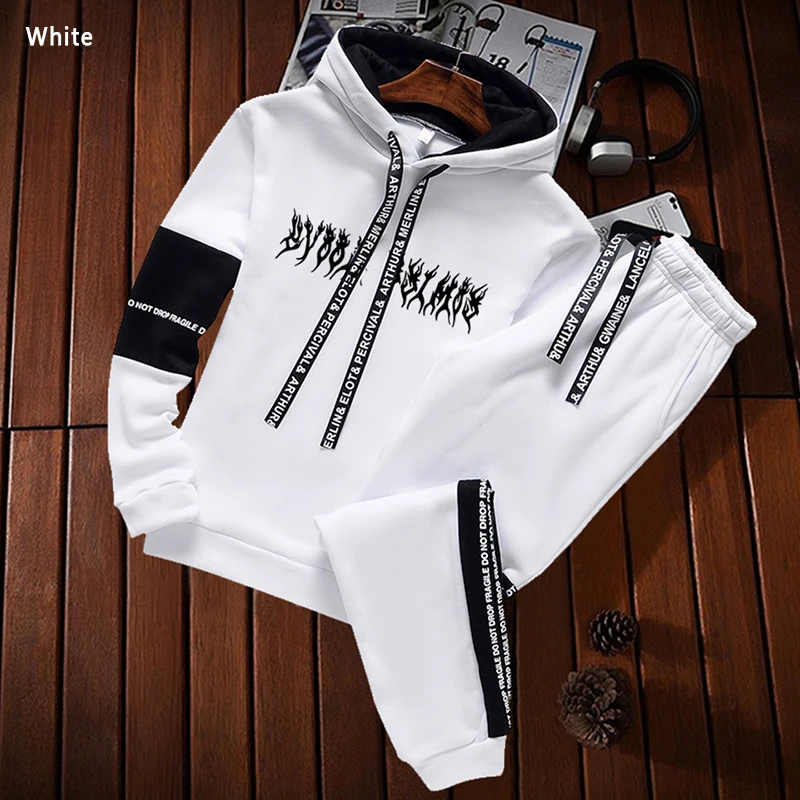 Patchwork Men Tracksuit Hoodies Sweatshirt and Pants Sets Pullover Hooded Sweatshirts White Black Casual Suit Male Outfits 2021 | Мужская