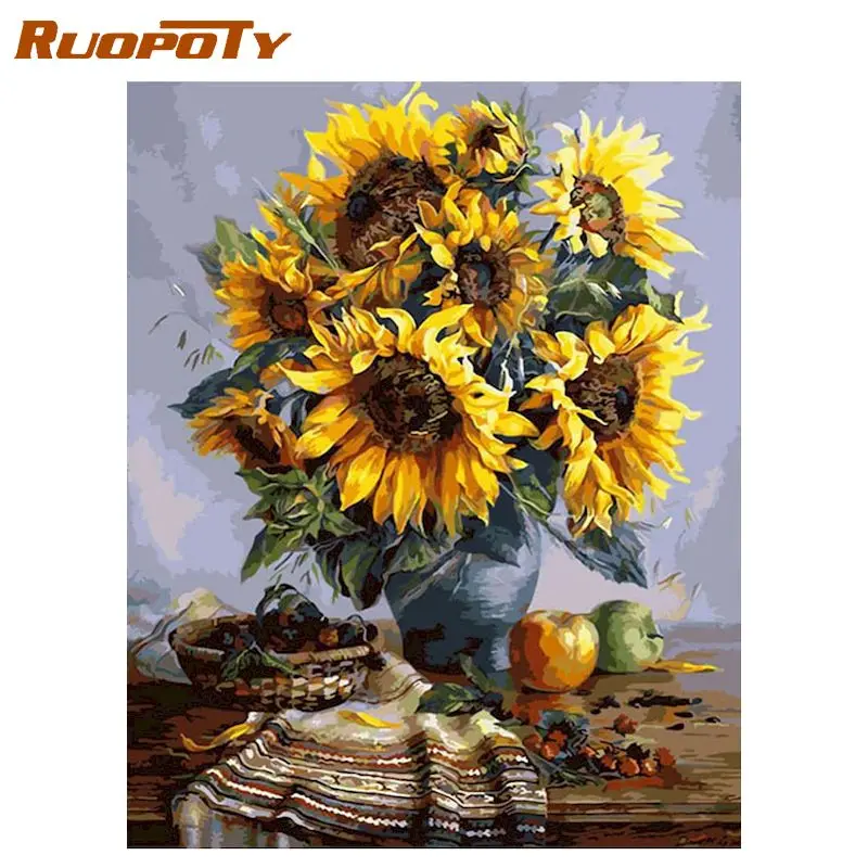 

RUOPOTY Frame DIY Painting By Numbers Wall Art Picture Acrylic Chrysanthemum Flowers Paint By Numbers Kits For Home Decor Art