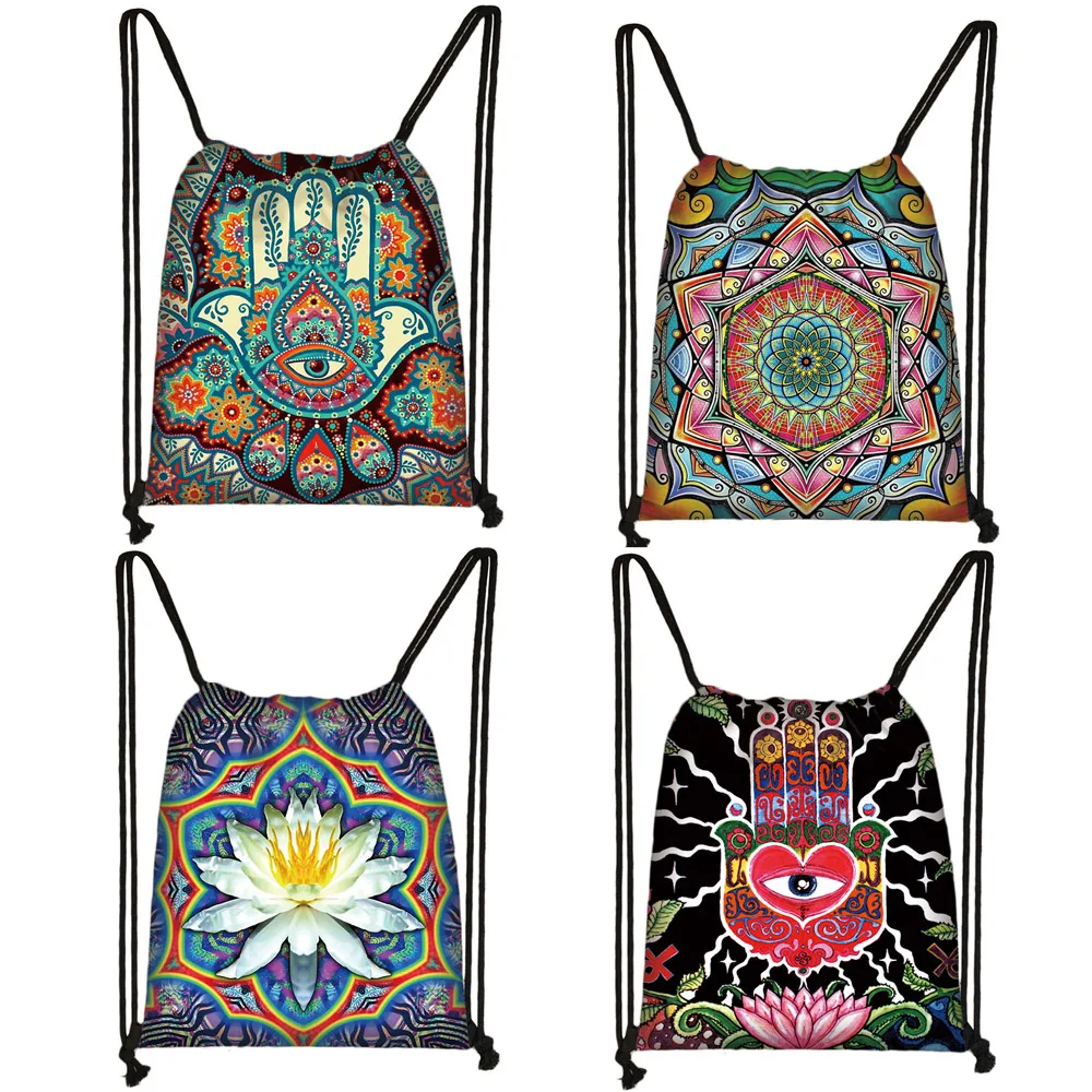 

Hamsa Fatima Hand / Mandala / Buddha Lotus Flower Drawstring Bag Women Storage Bag Ladies Shopping Bags Female Travel Backpack