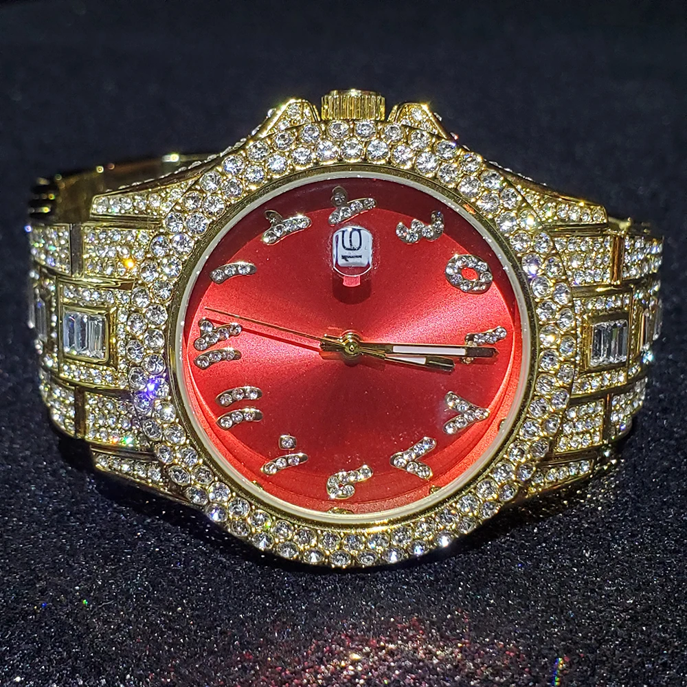 

Hip Hop MISSFOX 42MM Iced Out Watch Men Steel Diamond Red Men Watch Top Brand Luxury Streetwear AAA Rolexable Waterproof Clock
