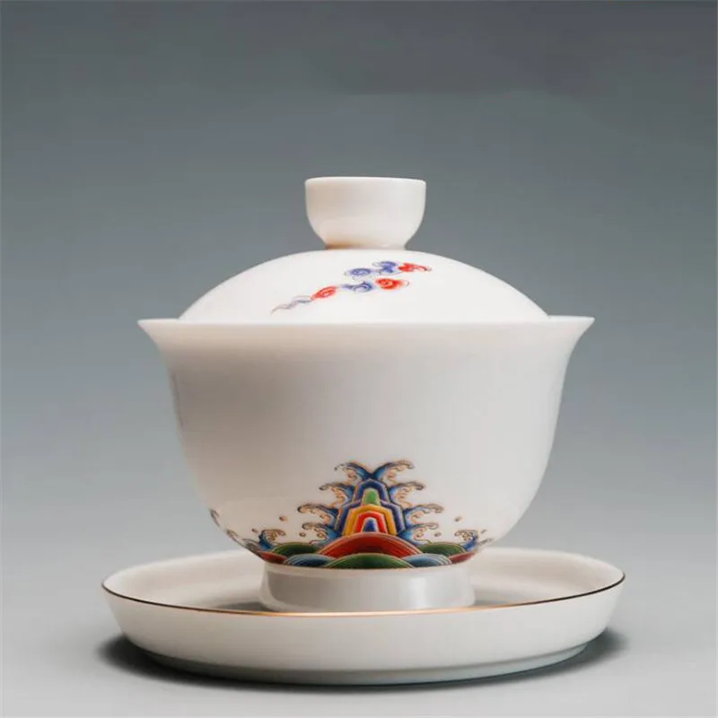 

Белая фарфоровая разноцветная чайная чаша Gaiwan с крышкой, набор блюдец для чайной церемонии, посуда для напитков, чайная посуда, чайный серви...