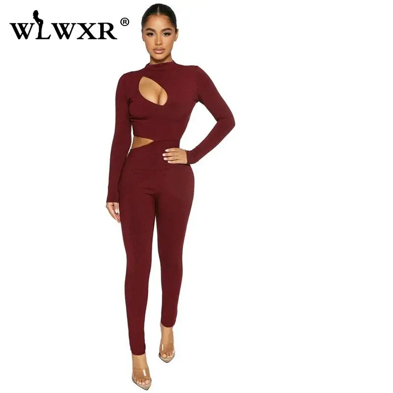

Осенняя уличная одежда WLWXR, черный комбинезон с вырезами, клубный Цельный Наряд для женщин, Облегающий комбинезон с круглым вырезом и длинны...
