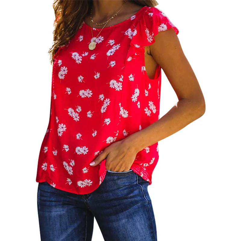 

Sleeveless O-Neck Women T-Shirts Summer Casual Tops Tees Female Street Floral Print Loose T-Shirt L