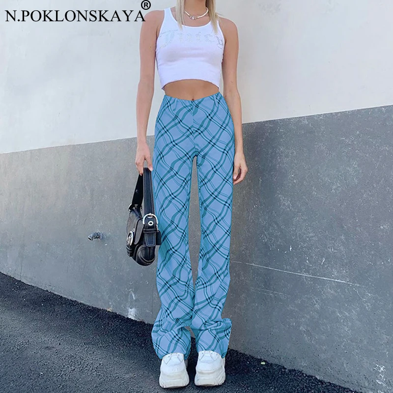 Модные Винтажные клетчатые брюки с высокой талией женские прямые тонкие длинные