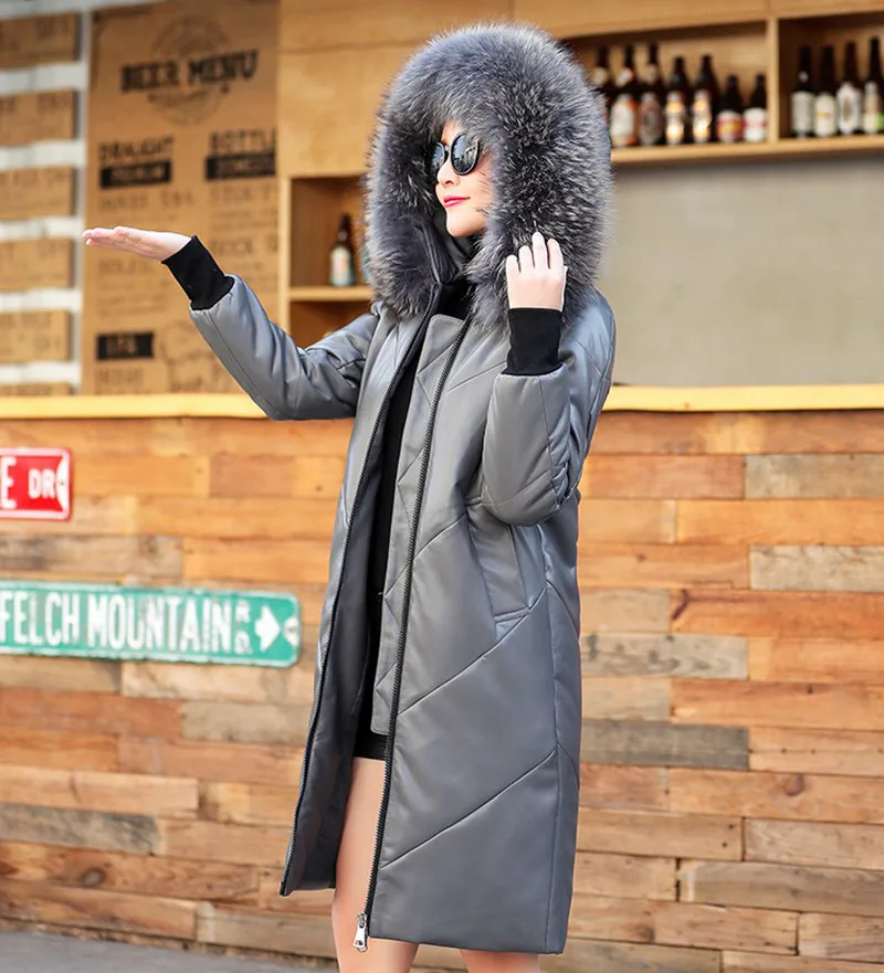 

Genuine Sheepskin Leather Suede Parkas Coat Jacket Raccoon Fur Hoody Autumn Winter Women Warm Outerwear Coats Plus Size LF9100