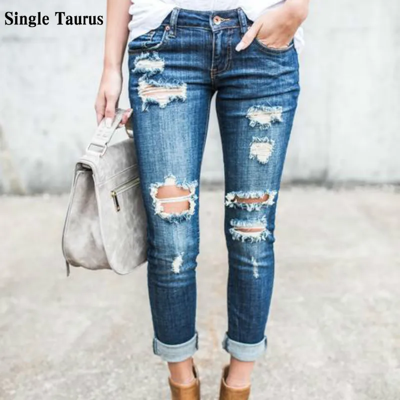 

2021 Spring Fashion Vintage Jeans Women Cotton Spandex Bleached Ripped Jeans Push Up Hole Moustache Effect Skinny Denim Pants