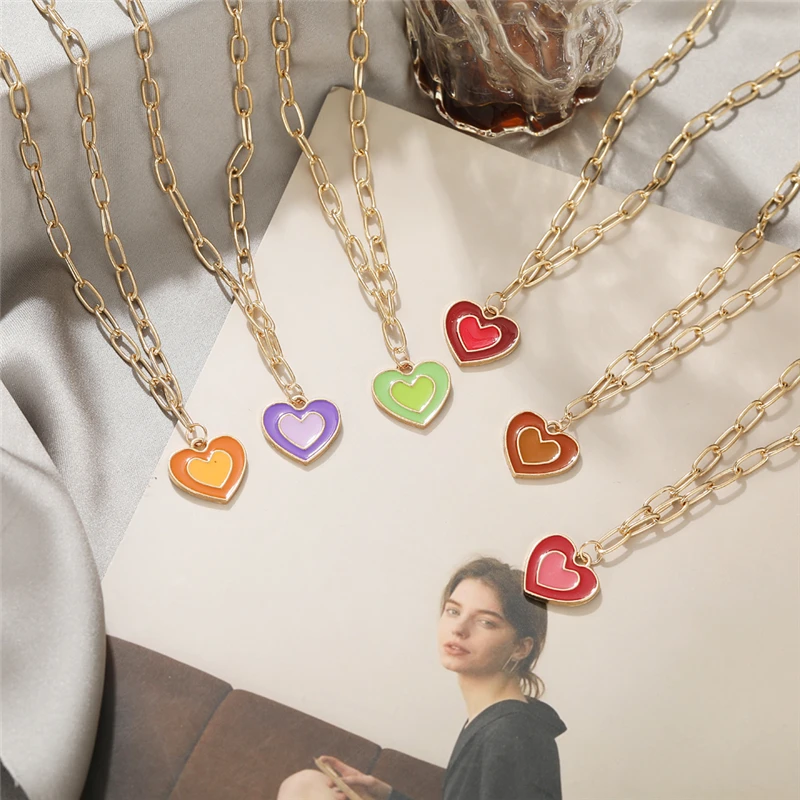 

2021 Trendy Heart Choker Women Necklace Couple Jewelry Enamel Pendant Gold Color Clavicle Chain Female Statement Party Girl Gift