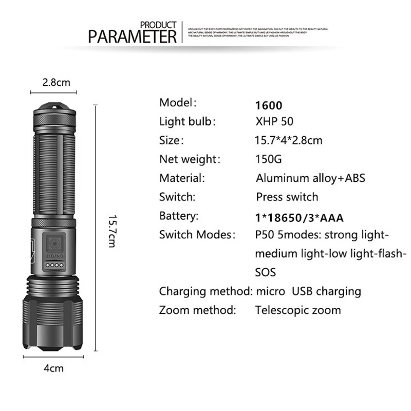

Telescopic Zoom Torch Adjustable Focus Lamp USB Charging Hand Lamp HP50/XHP70 Multi-function Flashlight Portable Lighting