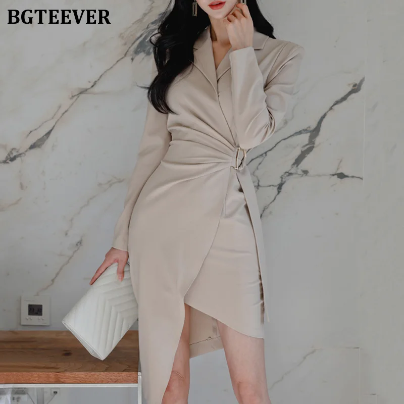 

BGTEEVER Office Ladies Irregular Dress 2022 Spring Vestidos Elegant Belted Long Sleeve Midi Female Bodycon Dresses