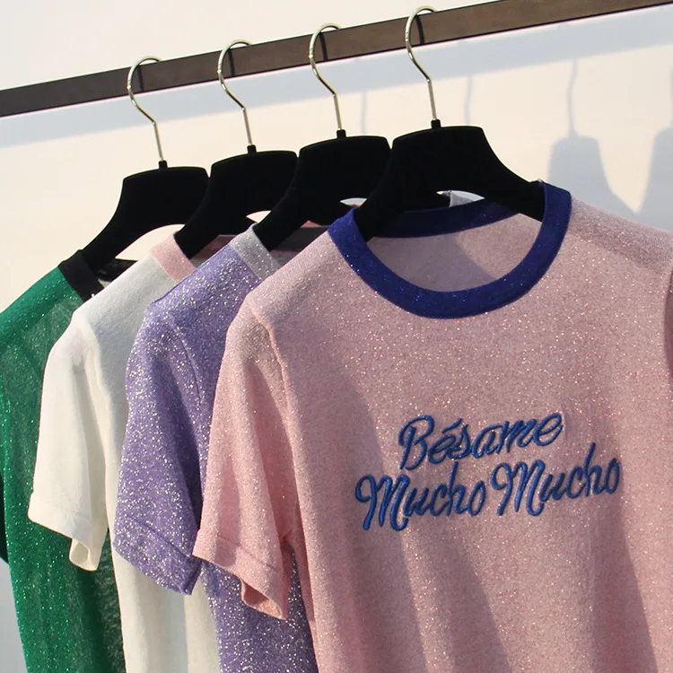 Футболка HLBCBG женская с надписью милая хипстерская одежда люрексом в стиле