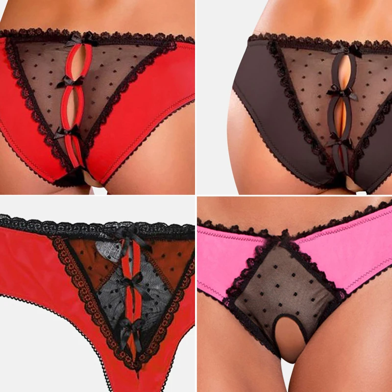 

Lace Lingerie Women Open Crotch Mesh Sexy Temptation Thongs Bowknot Hallow Out Erotic Lingerie Briefs Lady Panties