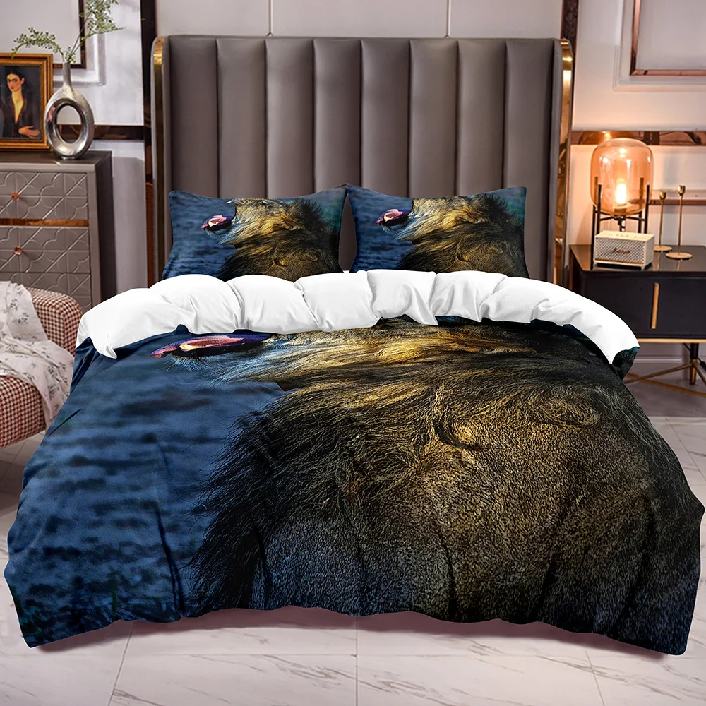 

3D Lion Pattern Duvet Cover Sets with Comforter Cover with Animal Lion Print for Kids Teens with Zipper Closure White Reverse