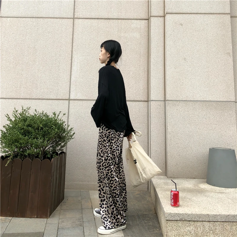 JuneLove осенние леопардовые ретро элегантные свободные женские брюки Elatisc с высокой