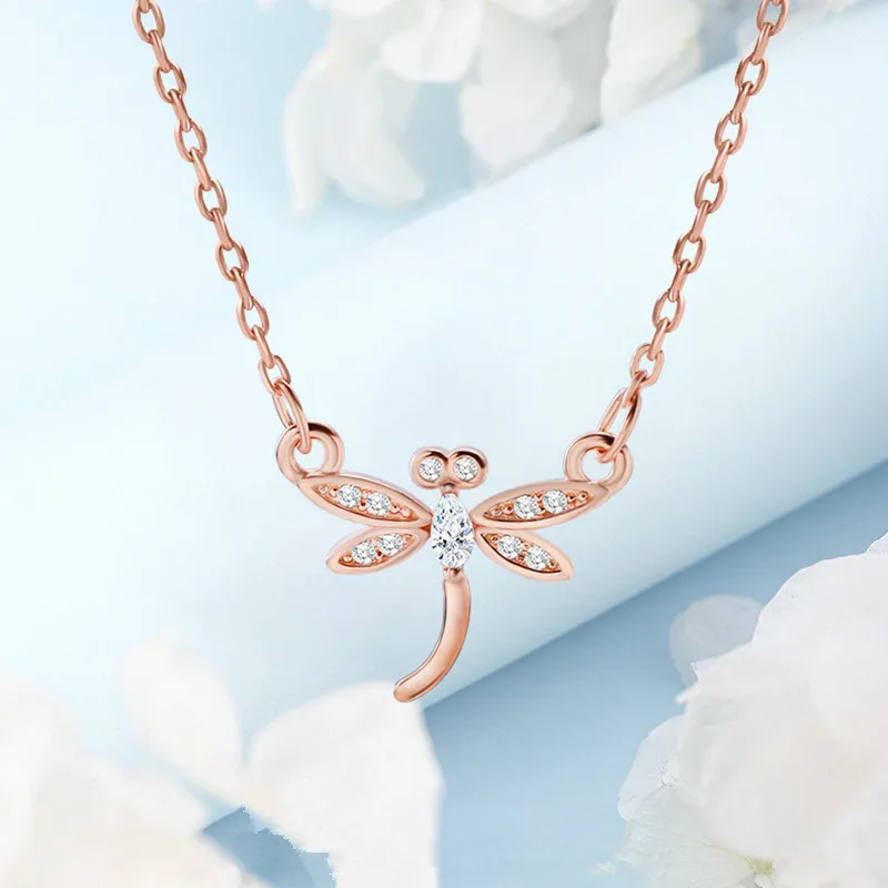 

100% Original S925 Sterling Silver Necklace Rose Gold Insect Dragonfly Zircon Women Fashion Jewelry Couple Christmas Gift