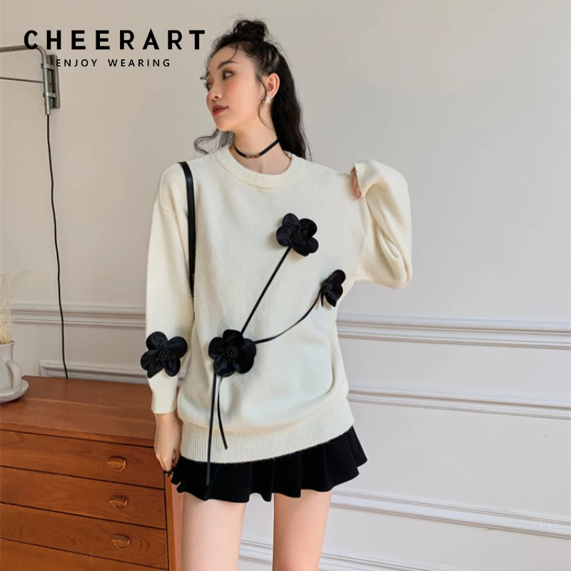 

CHEERART White Black Floral Applique Designer Sweater Winter Clothes Women Pullovers Crewneck Korean Fashion Cute Knitwear