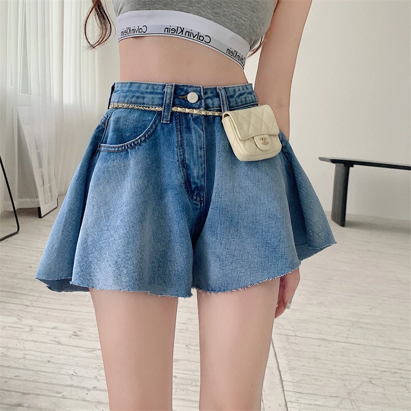 Korean Fashion Denim Wide-leg Shorts 2023 Summer Thin Y2k Loose Warm-up Skirt Shorts New Pink High Waist Pocket Jeans Streetwear