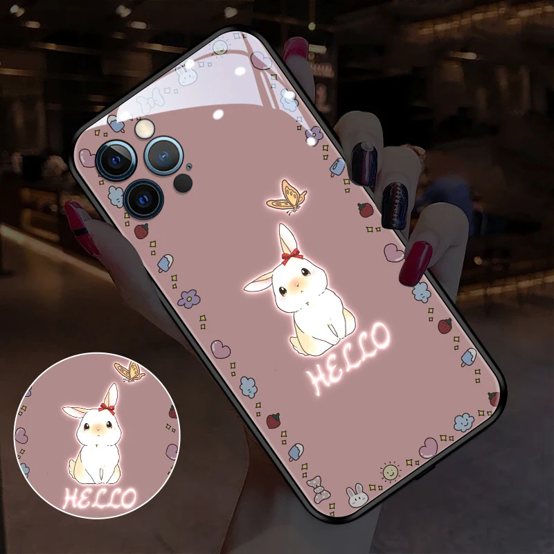 

LED Call Light Luminous Sound Music Control Case for IPhone 11 12Mini 7 8 Plus X XS Max SE Tempered Glass Pink Cute Rabbit Cover