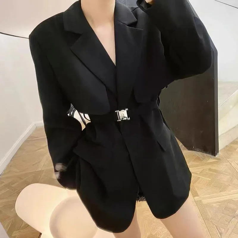 

Korean Chic Women Trench Autumn Lapel Design Feeling One Grain Buckle Waist Thin Long Sleeve Suit Coat Women