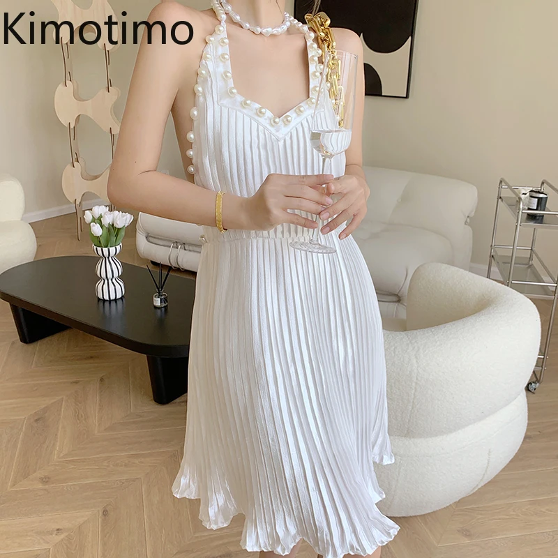 

Платье Kimotimo женское пляжное с открытой спиной, пикантный Белый сарафан с лямкой на шее, с V-образным вырезом, в приморском стиле, для отдыха, н...