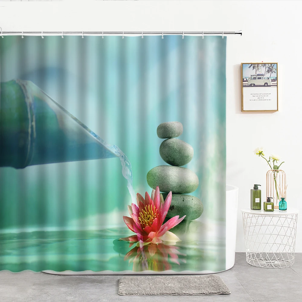 

Zen Bamboo Running Water Lotu Stone Tower Shower Curtains Natural Scenery Bathroom Curtain Home Art Decor Wall Bathroom Products