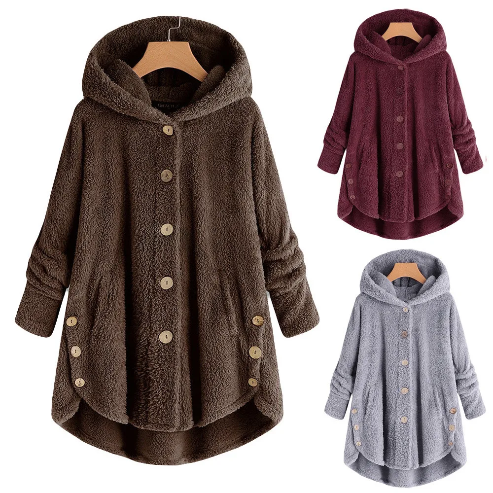 Feitong Women Warm Winter Fleece Hooded Parka Coat Womens Button Overcoat Fluffy Tail Tops Pullover Outwear Jacket | Женская одежда