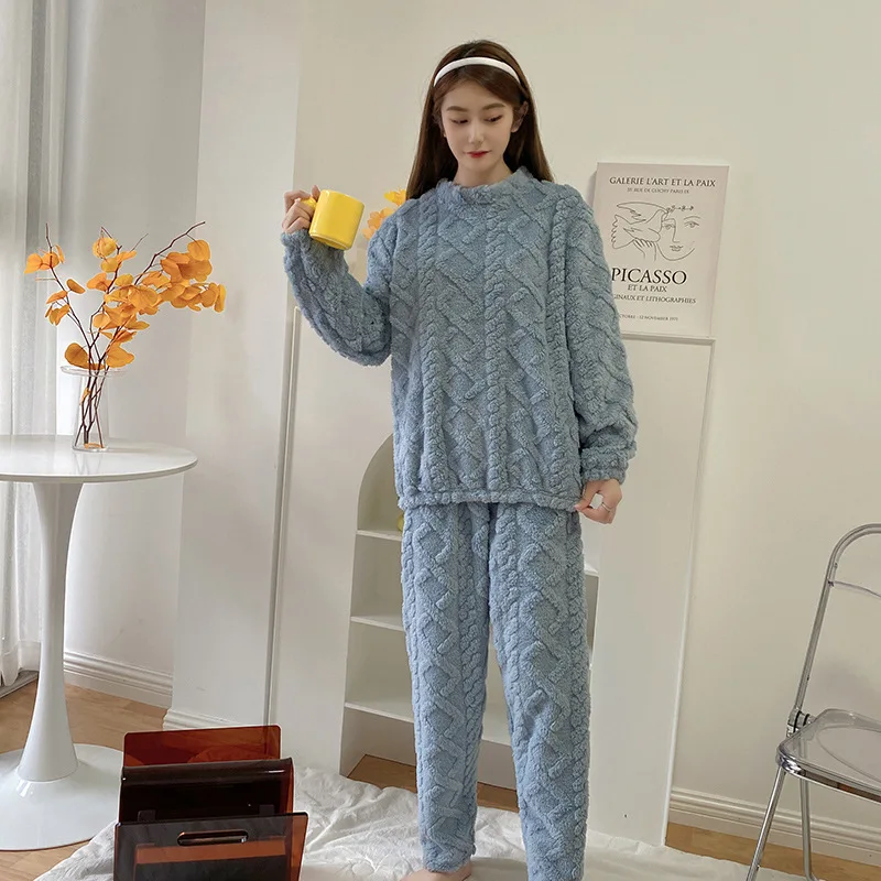 Sweet Pajamas Set Women Sleepwear Couple Pajamas Set Round Neck Solid Color Plush Thick Pajamas Flannel Pants Plus Size Roomwear