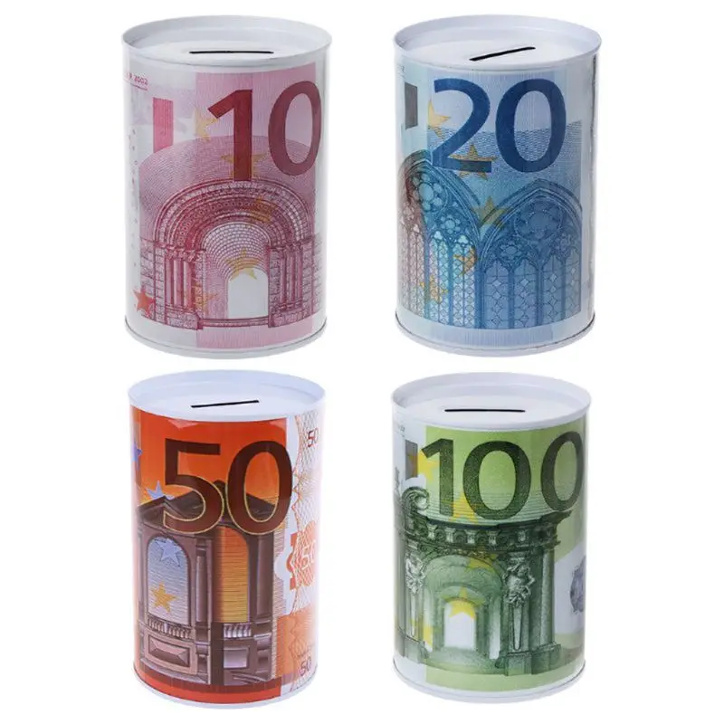 

Creative Euro Dollar Metal Cylinder Piggy Bank Saving Money Box Home Decoration E7CC
