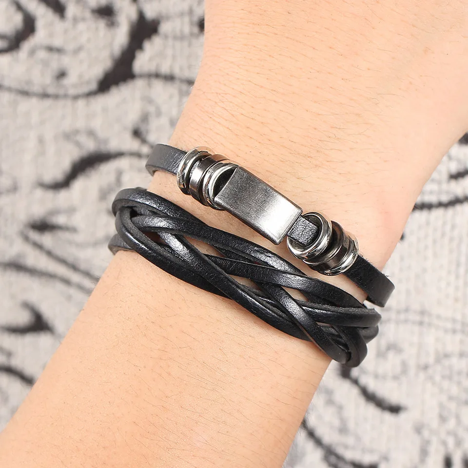 Customized Men's Braided Leather Multilayer Bangle Stainless Steel Material DIY Engrave Word Bracelet Fashion Jewelry | Украшения и