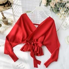 Женский вязаный свитер с V-образным вырезом YuooMuoo, осенний свитер с открытой спиной и длинными рукавами, Модный пуловер с оборками, 2019