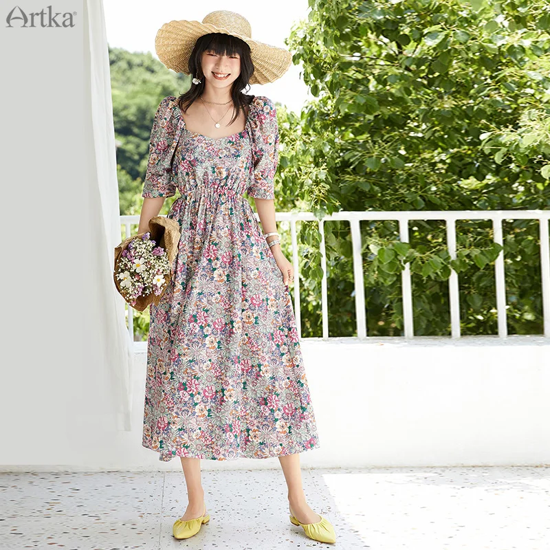 

Женское платье с цветочным принтом ARTKA, длинное французское платье с винтажный буф рукавами и квадратным вырезом, с регулируемой талией, ...