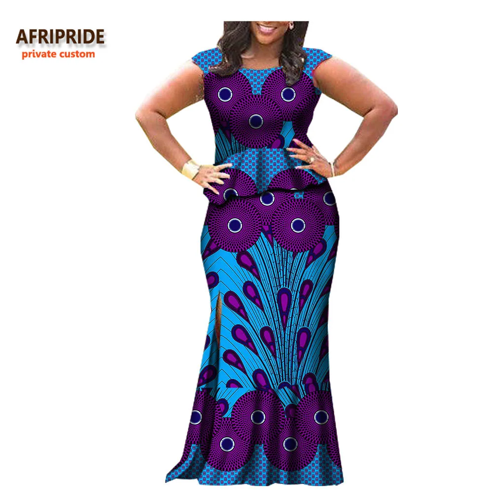 Afripride, 2 предмета, юбка, костюм, Африканский принт, без рукавов, топ+ Длина по щиколотку, юбка с Боковым Разрезом, Женский Повседневный хлопковый костюм, A722655 - Цвет: 550J