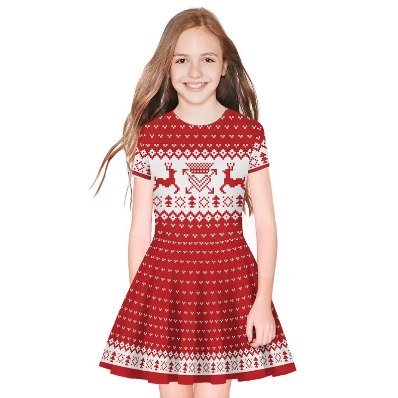 

Explosive Christmas Elk Digital Print Parent-child Short Sleeve Dress European and American Fashion Women