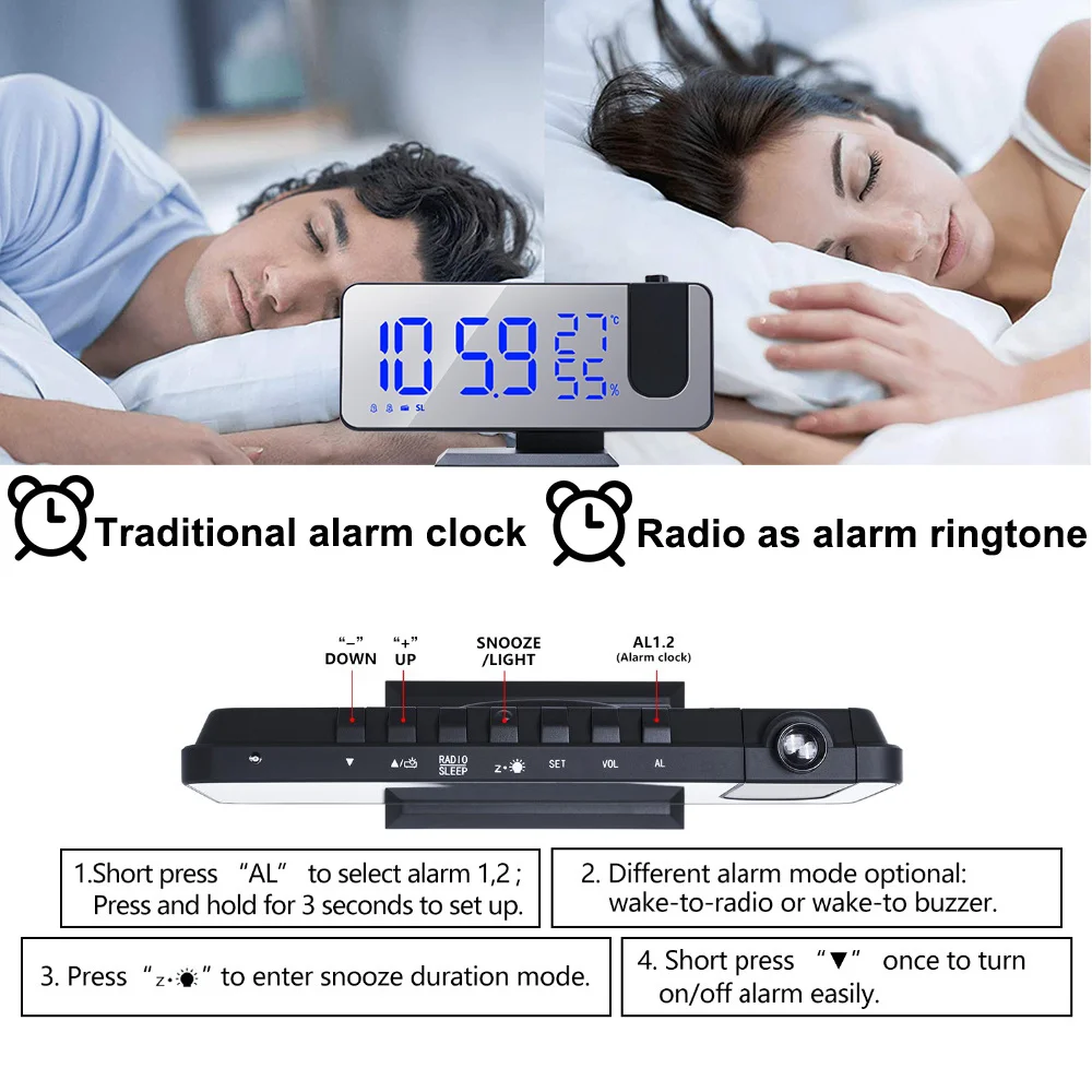 

LED Digital Projection Alarm Clock Table Electronic Alarm Clock with Projection FM Radio Time Projector Bedroom Bedside Clock